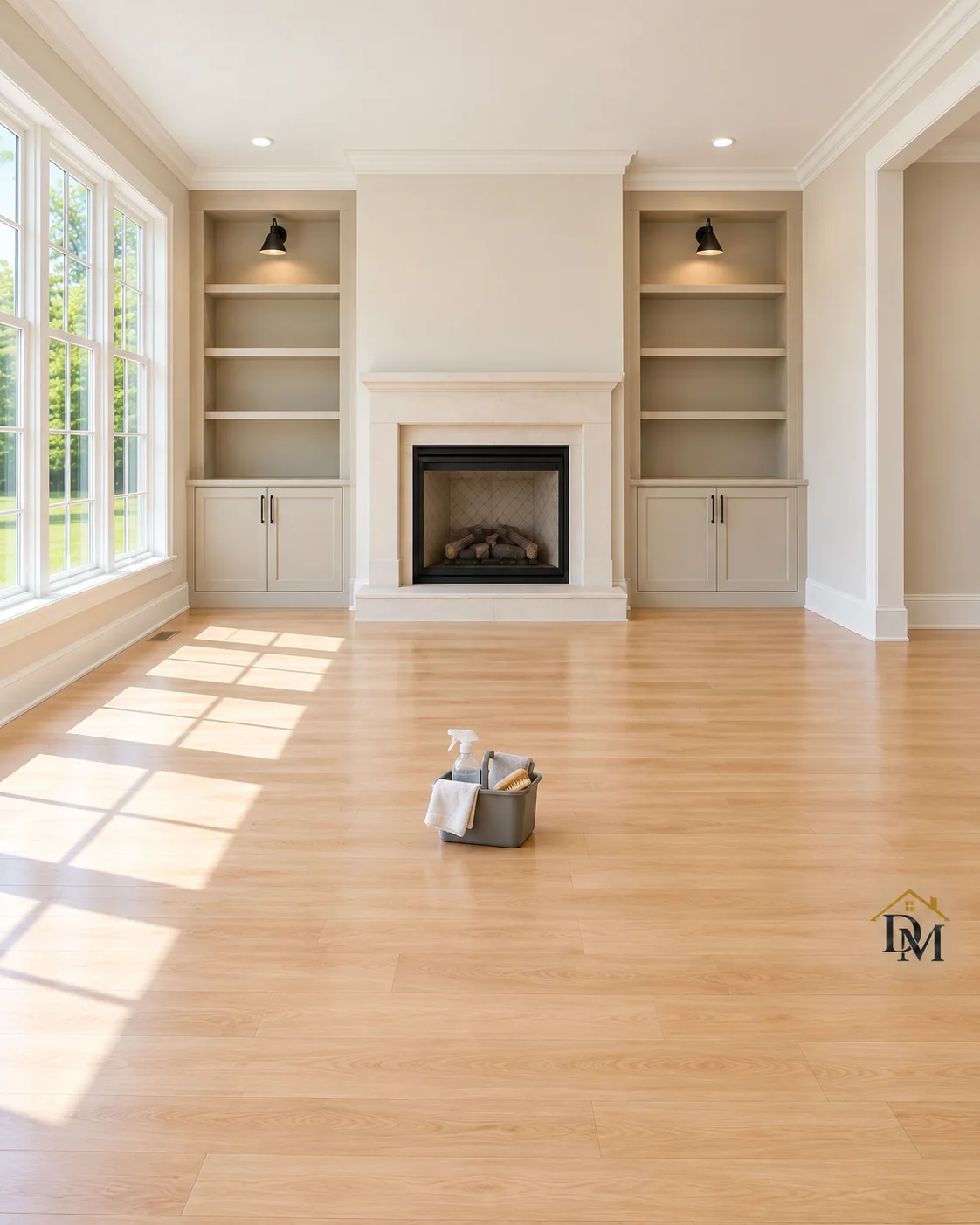 Before move-in: our gray cleaning caddy on the empty floor near the fireplace.