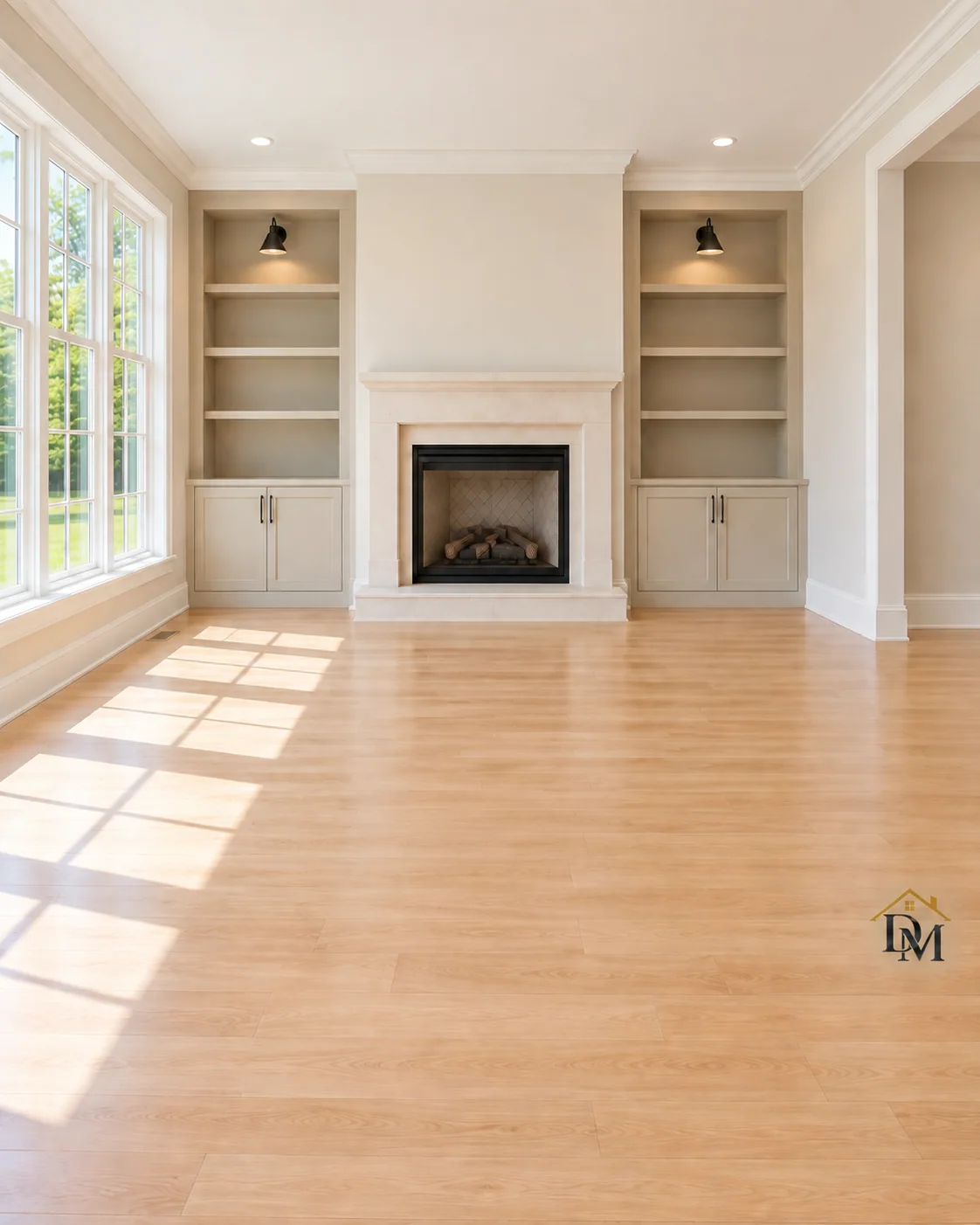 Ready for move-in: caddy gone and the floor clear in front of the built-ins.