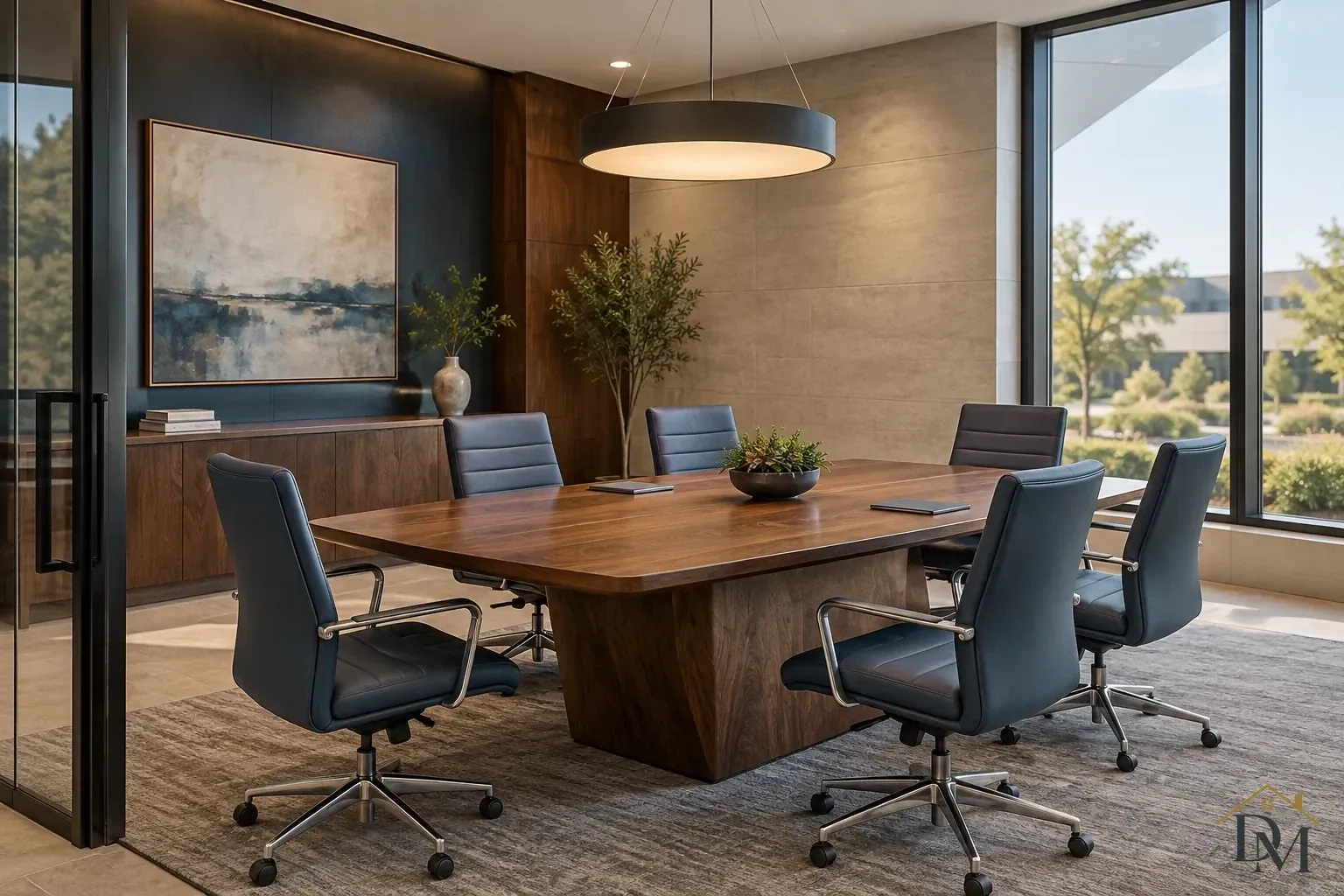 Wood conference table with dark blue rolling chairs beneath a broad round pendant, beside large windows and abstract artwork.