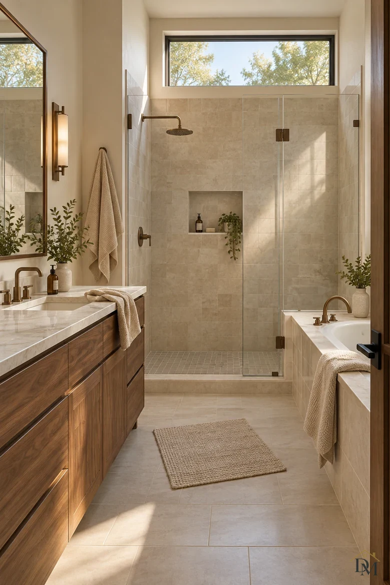 View A: a cream towel hanging over the edge of the marble counter.