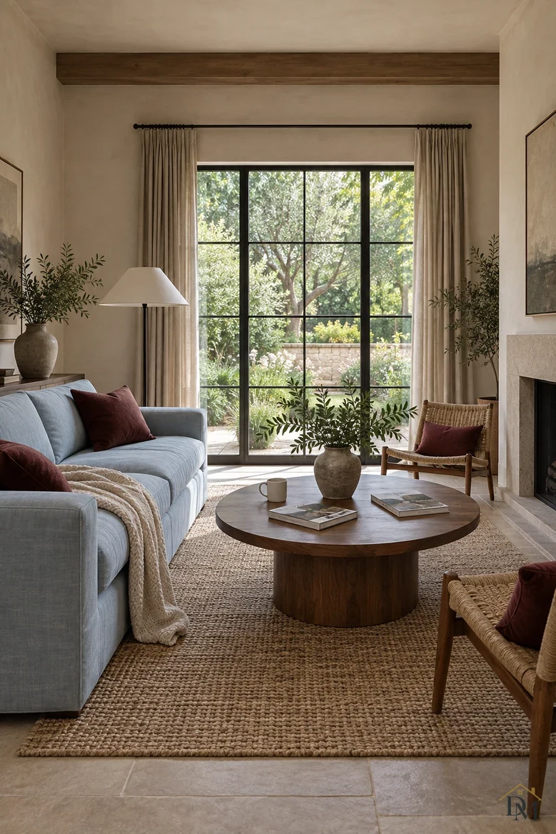 View A: a cream knit throw over the blue sofa and a mug and two books on the round wood table.