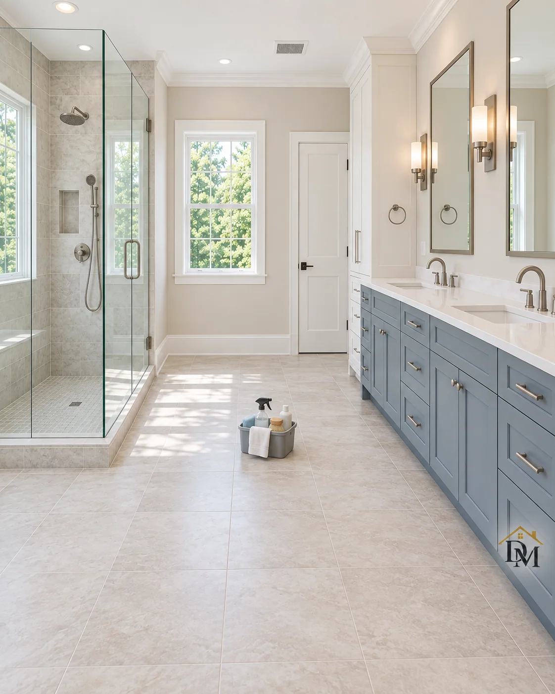 Before move-in: a caddy on the tile by the blue-gray double vanity.