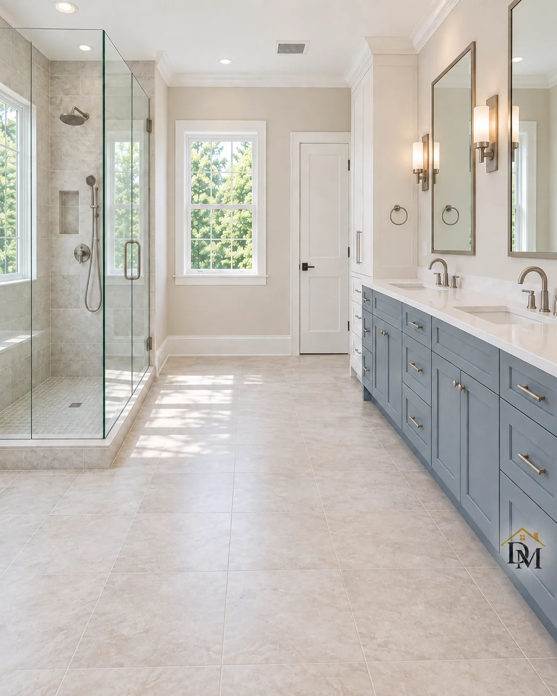 Ready for move-in: tile clear from glass shower to vanity.