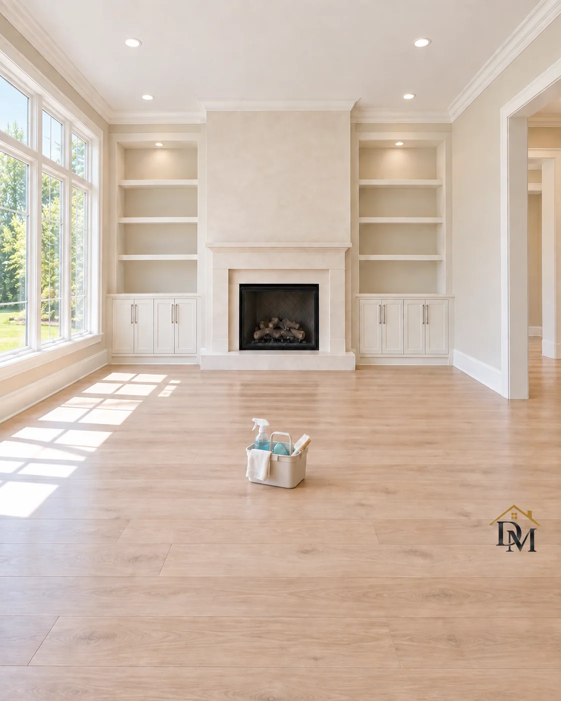 Before move-in: our caddy on the pale plank floor near the fireplace.