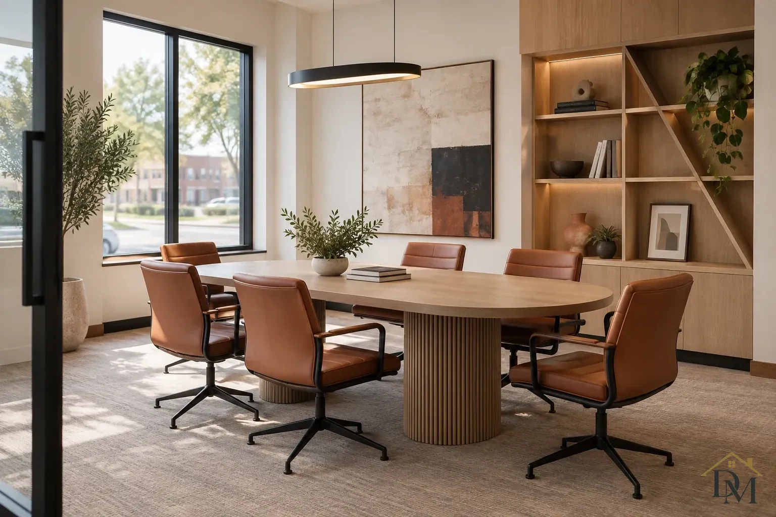 Pale oval wood conference table with brown swivel chairs, an oval dark pendant, geometric wood shelves and tall windows.