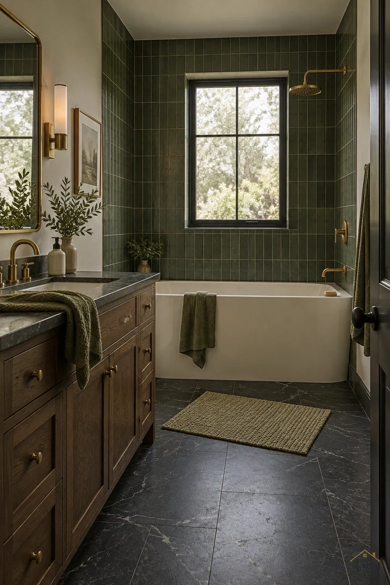 View A: a green knit towel hanging over the vanity edge and the mat set at an angle.