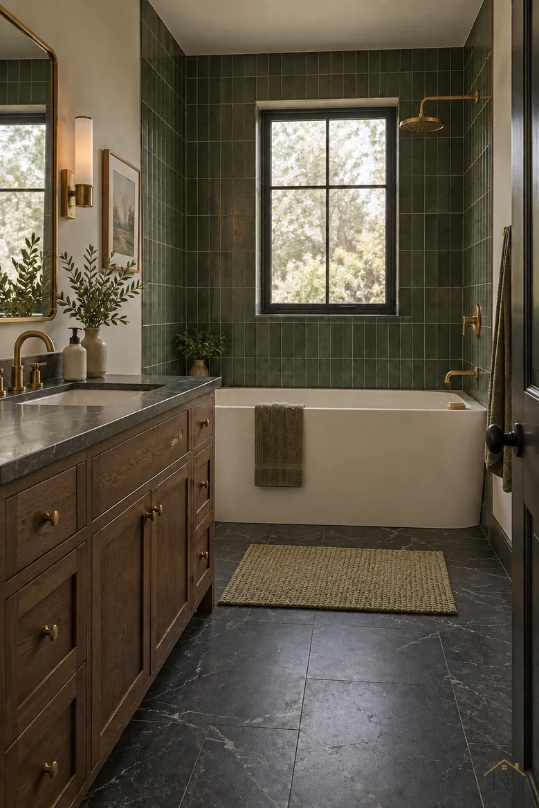 View B: vanity edge clear, towel folded on the tub and the mat squared to the floor.