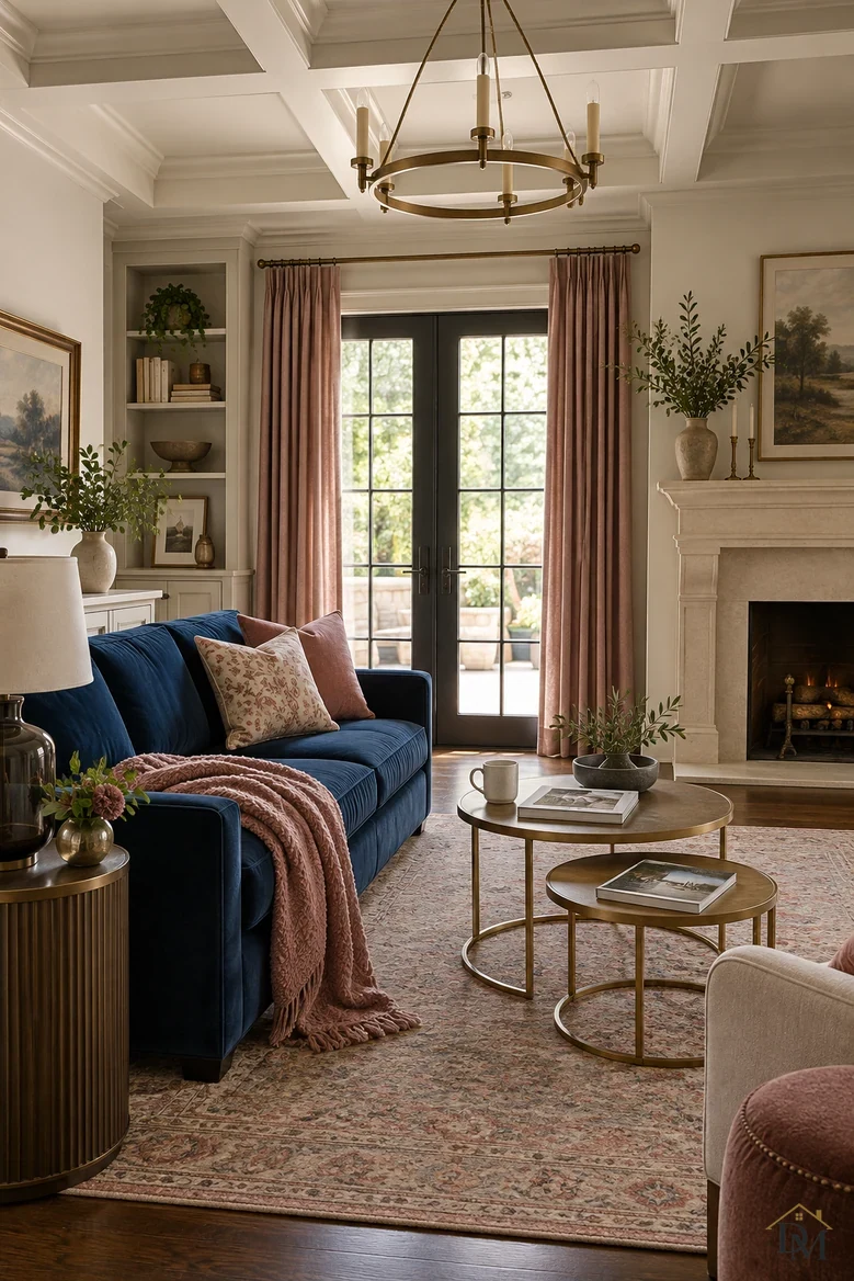 View A: a pink throw across the navy sofa, a mug and books on the brass nesting tables.