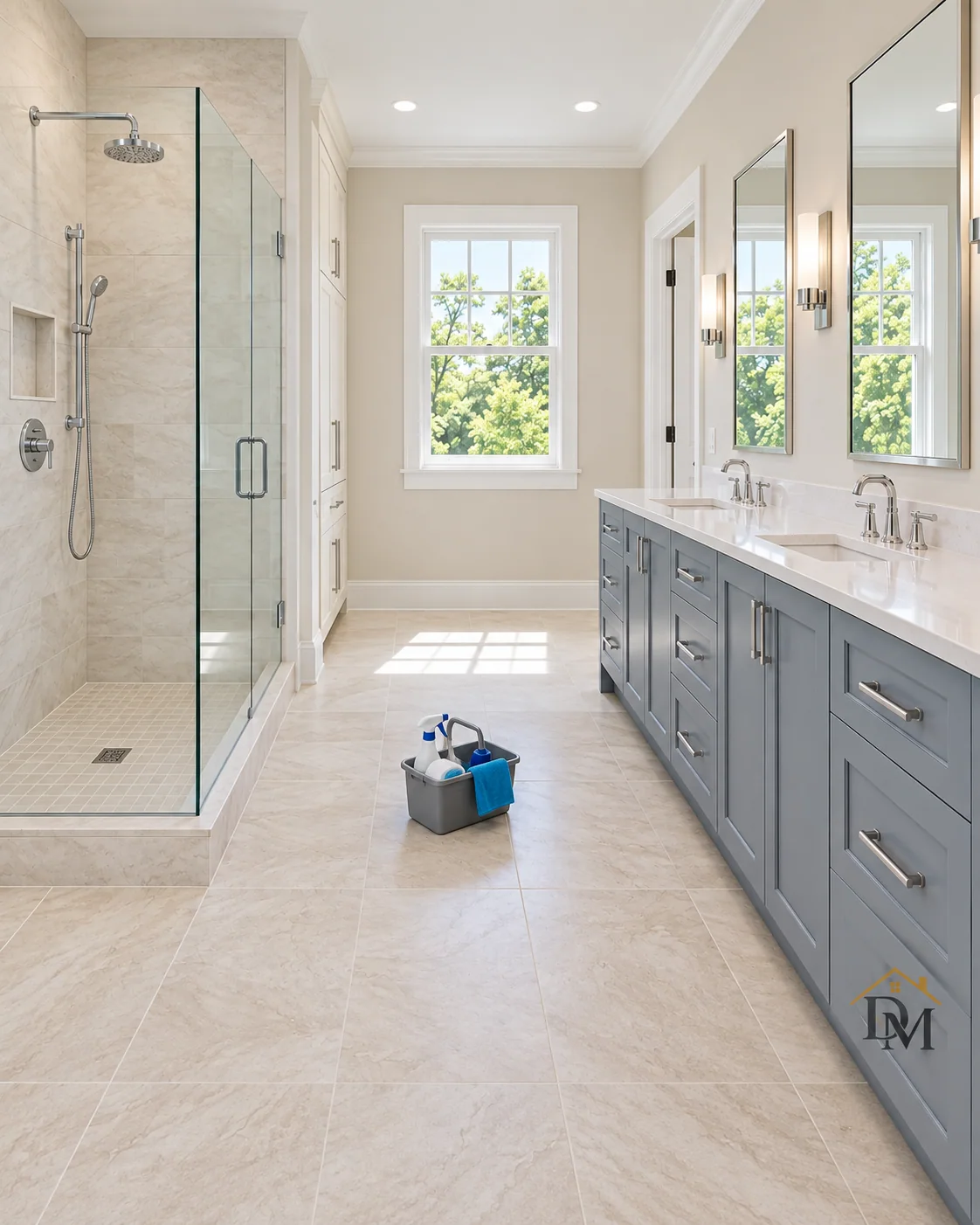 Before move-in: the caddy on the pale tile between the glass shower and slate-blue vanity.