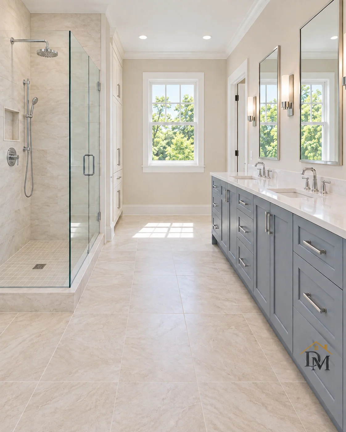Ready for your towels: marble-look tile clear from shower to vanity.