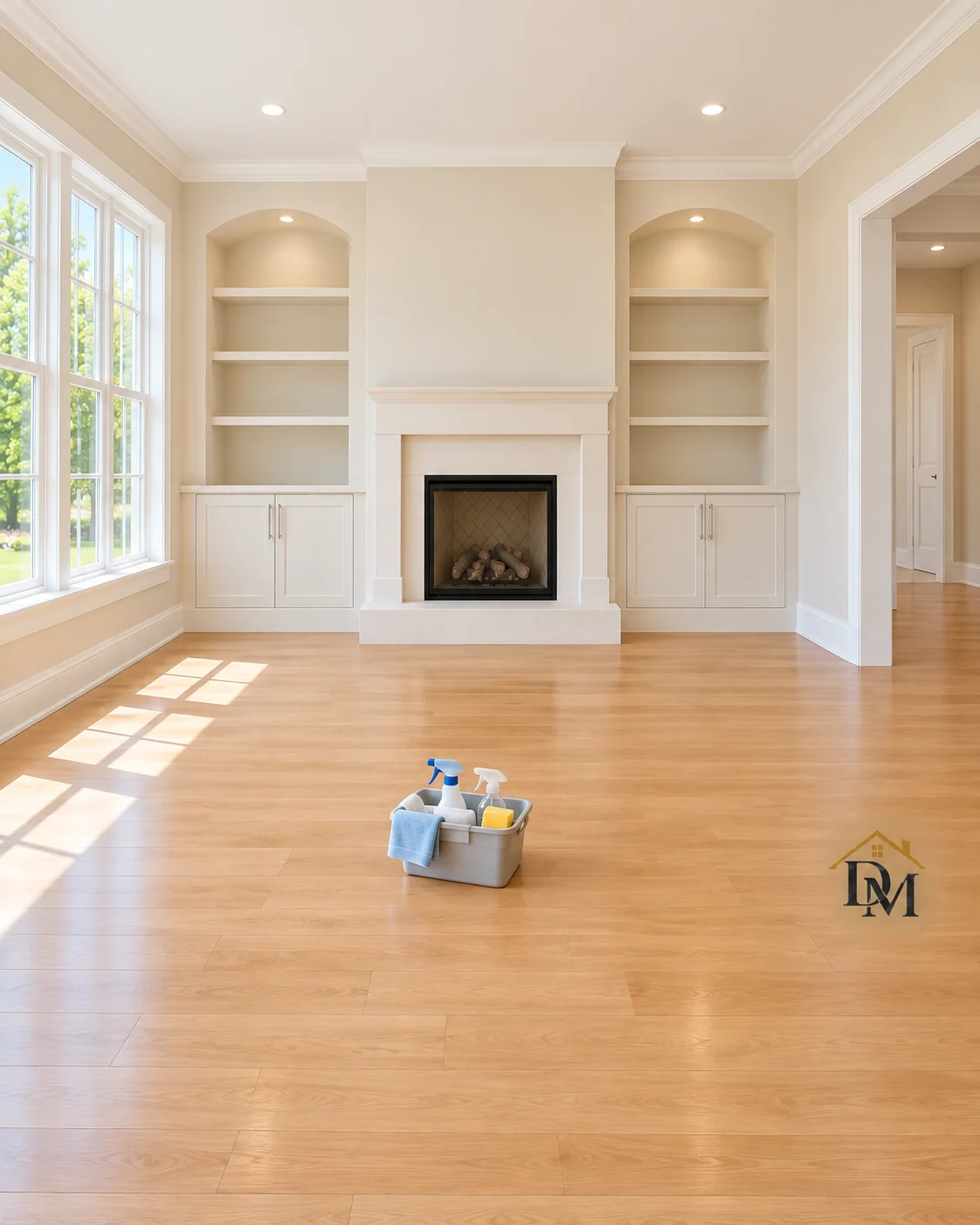 Before move-in: the supply caddy on the bare wood floor in front of the arched shelves.