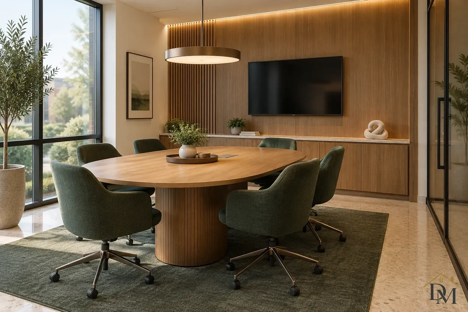 Oval wood conference table with green upholstered rolling chairs beneath a round pendant, facing a television on a wood-paneled wall beside tall windows.