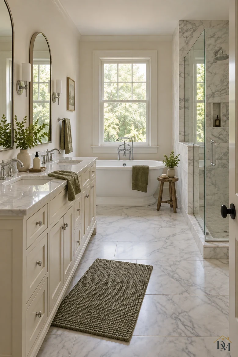 First view: an olive towel hung over the vanity edge and the bath mat set at an angle.