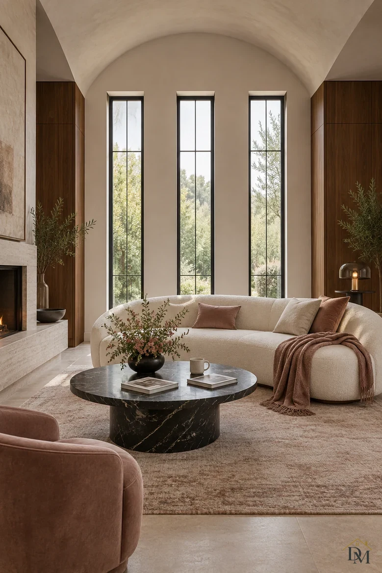 First view: a rose throw draped on the curved sofa, a mug and books on the black marble table.