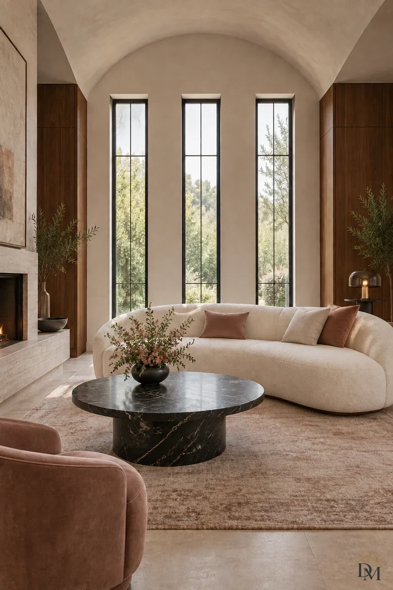 Second view: the throw gone and only the flower bowl left on the marble table.