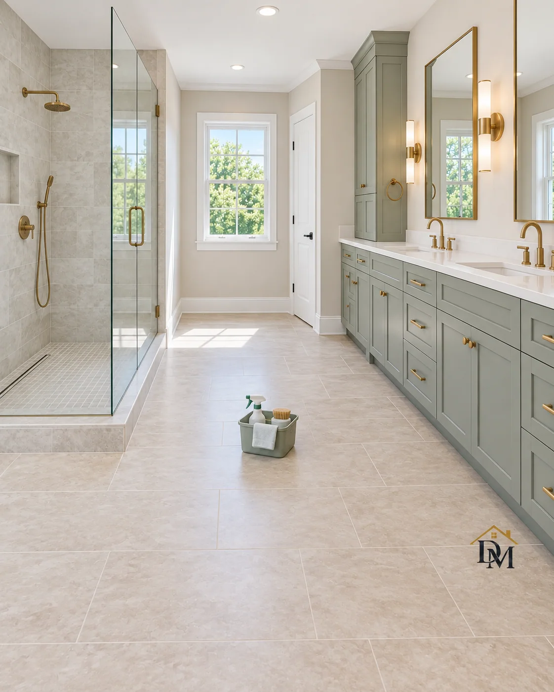Before moving in: supply caddy on the bathroom tile by the shower.