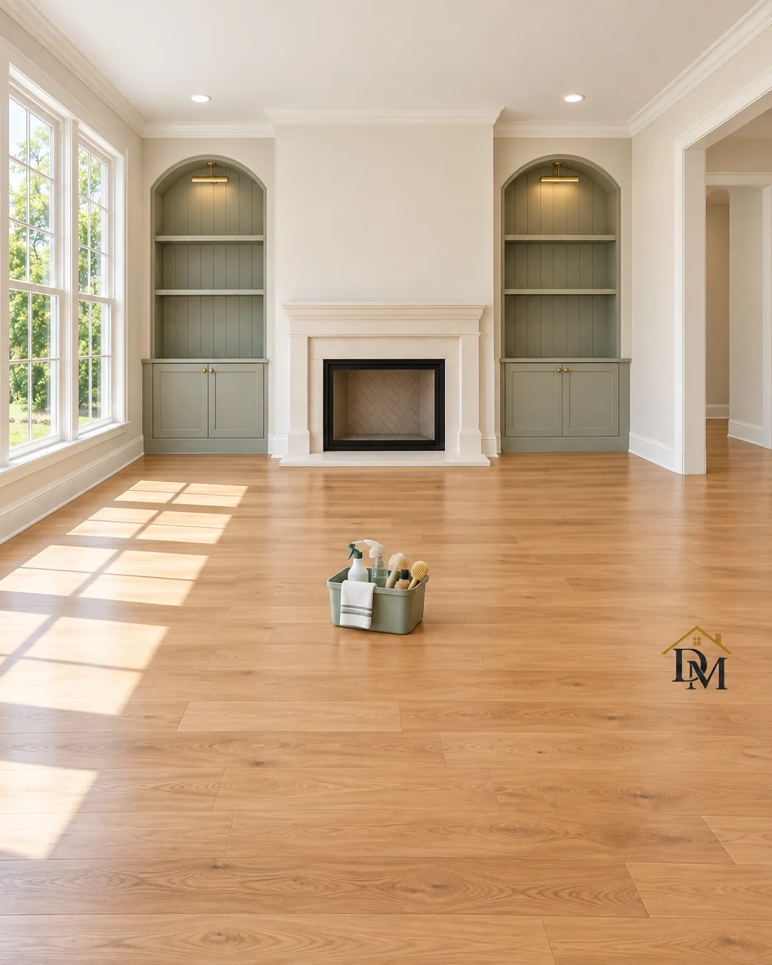 Before moving in: our supply caddy on the bare living room floor.