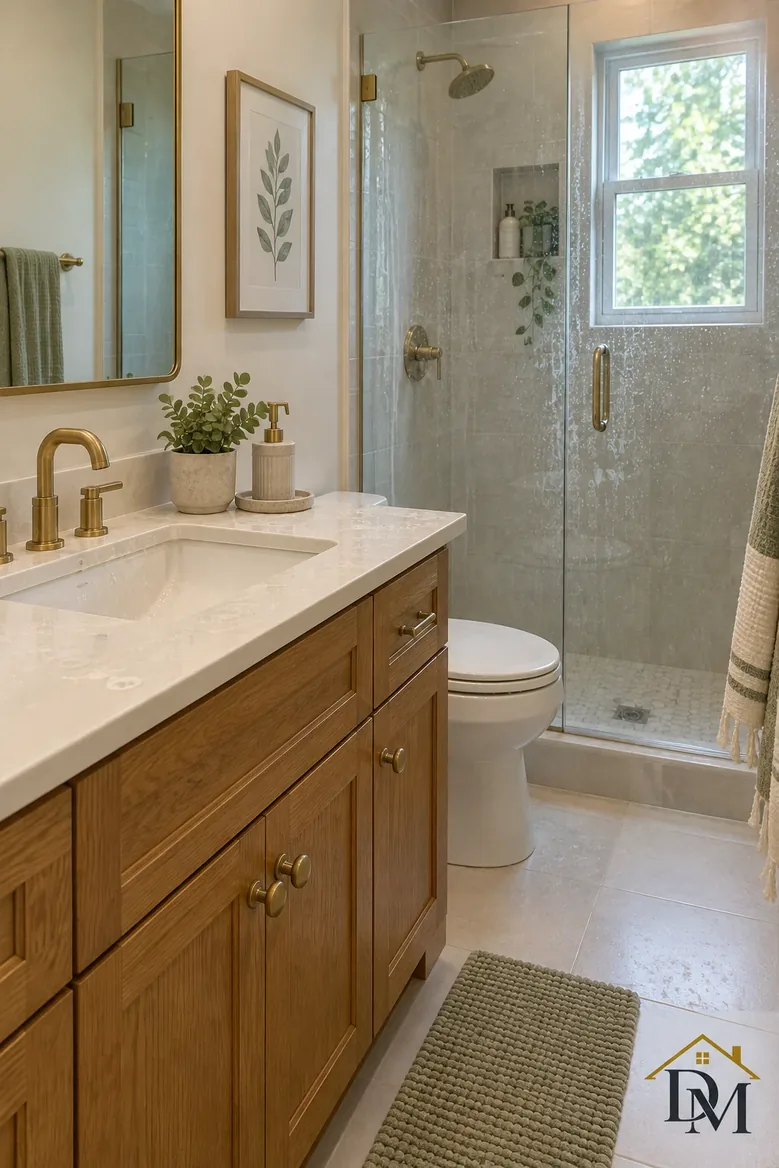 Look A inside the unit: towel over the wood vanity and the mat askew.