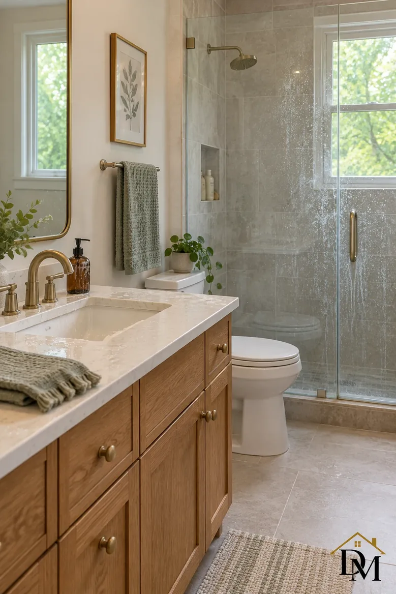 Before your cleaner: olive towel over the vanity and the mat crooked.