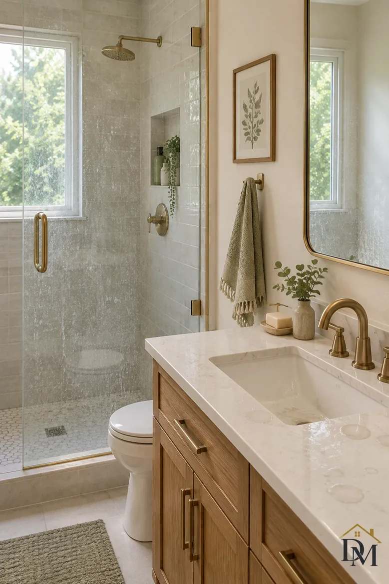 Mid-week: the olive towel lands on the vanity edge and the mat drifts.