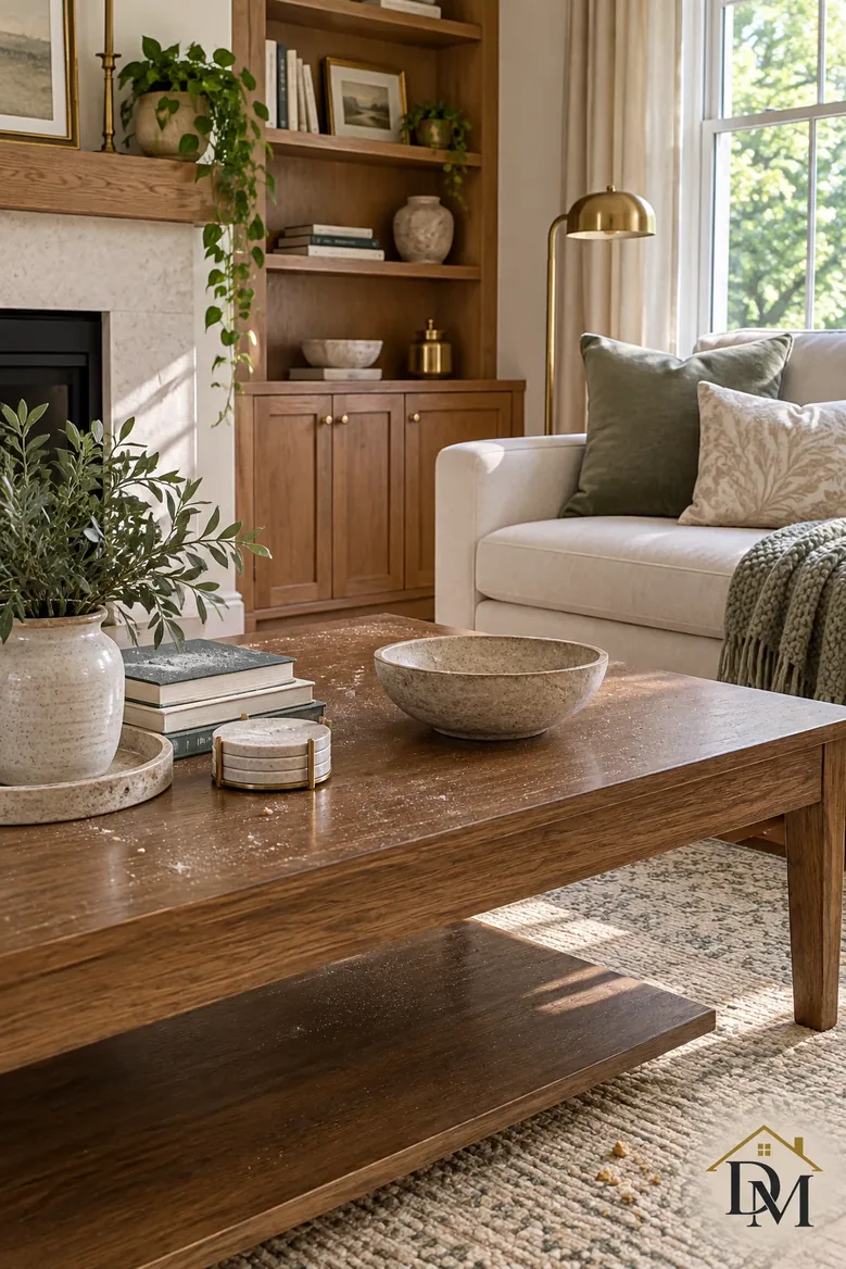 Mid-week: a throw, books and a mug gather in the vaulted living room.
