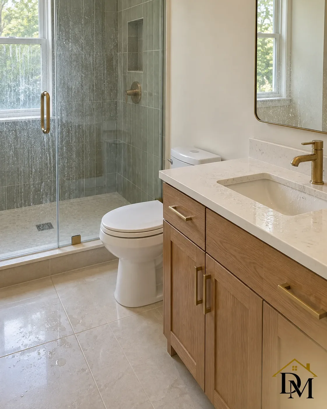 Ahead of move-in: the caddy on the floor between the glass shower and blue-gray double vanity.