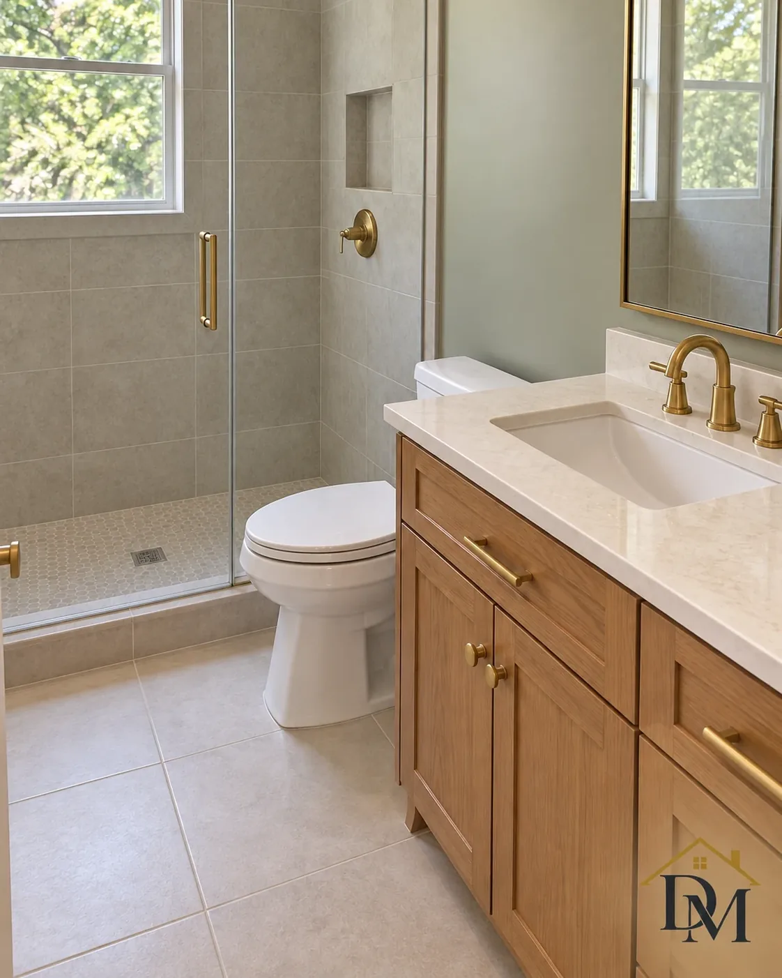 At key return, view B: blue-gray double vanity and tile with nothing left on them.