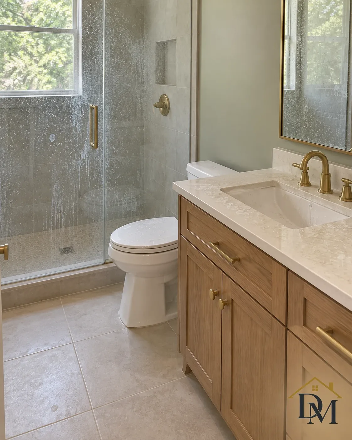 At key return, view A: supplies on the floor of the empty bath.