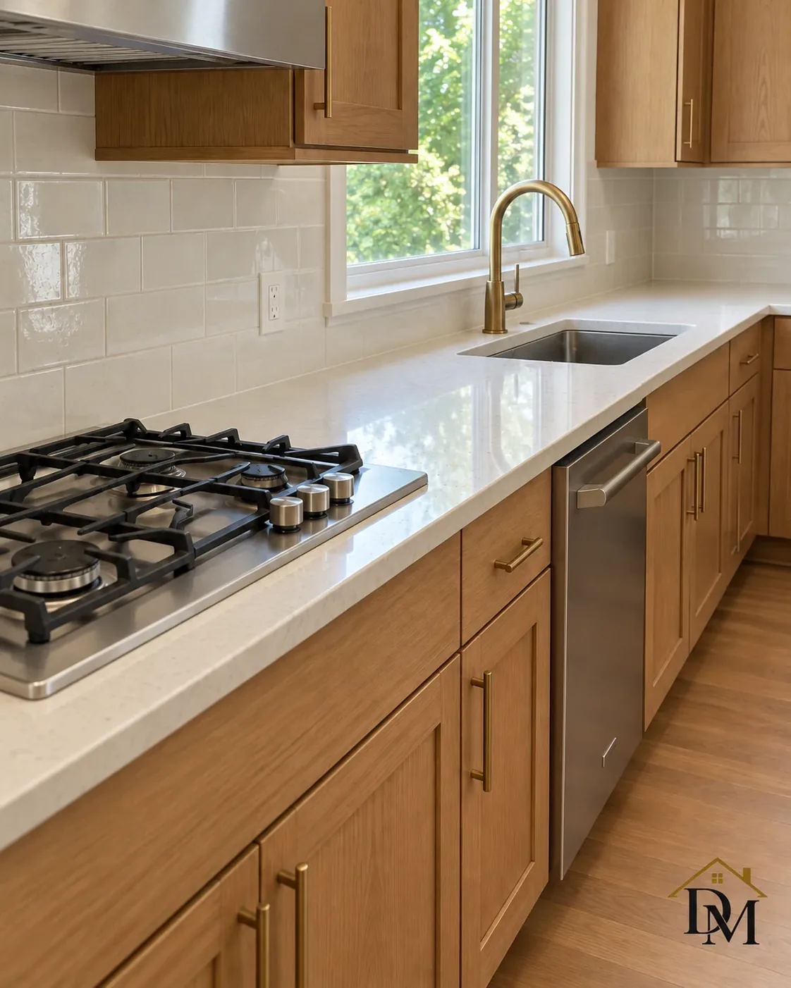 At key return, view B: fireplace, arched shelves and tile with nothing left behind.
