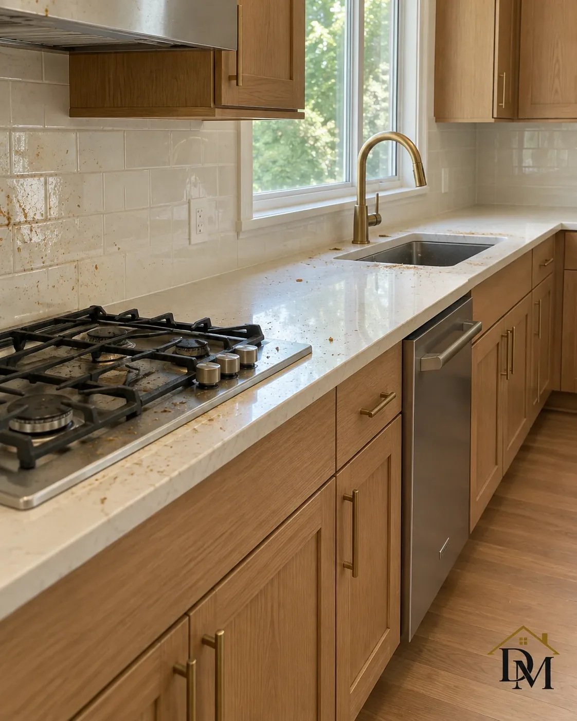 At key return, view A: the cleaning caddy on the tile of the empty room with arched shelves.