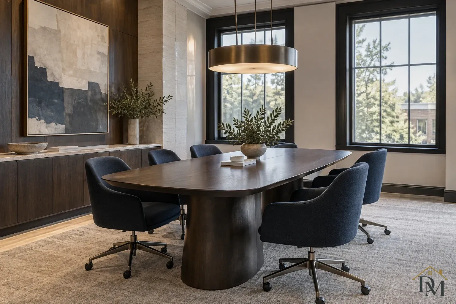 Dark wood conference table with blue rolling chairs, a broad round pendant, abstract artwork and black-framed windows.