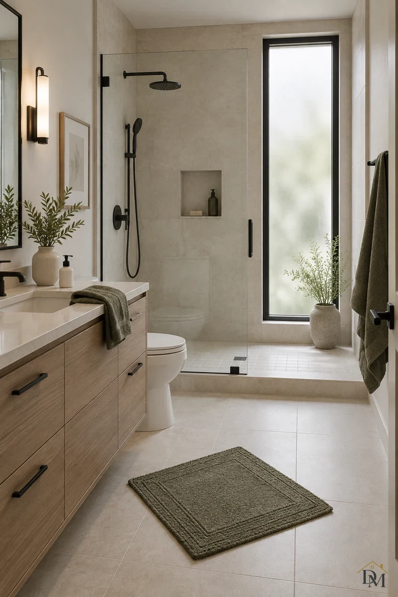 View A: an olive towel draped over the wood vanity edge and the bath mat set at an angle.