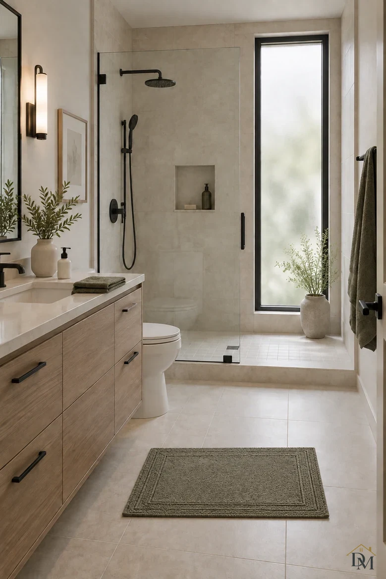 View B: towel folded on the counter and the olive mat lying square on the tile.
