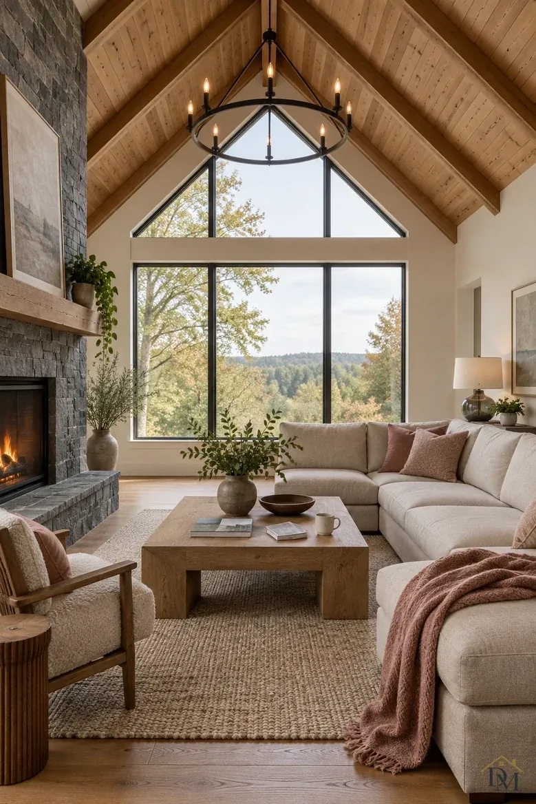 View A: a blush throw across the sectional and a mug and books on the square wood coffee table.