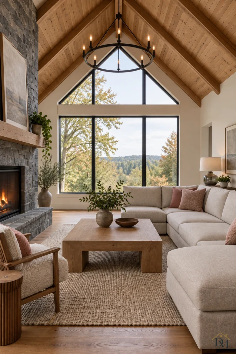 View B: throw put away and the wood table holding only a plant and a wooden bowl.