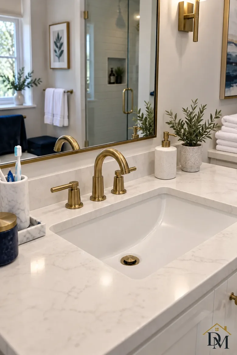 Ready for arrivals: towel folded on the vanity and the mat straight.