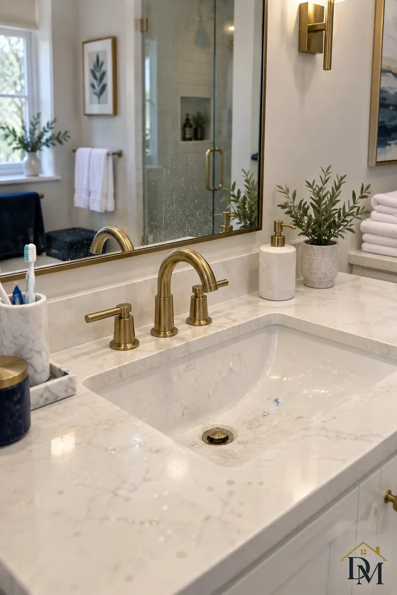 Just after checkout: towel hung over the vanity edge and the mat crooked.