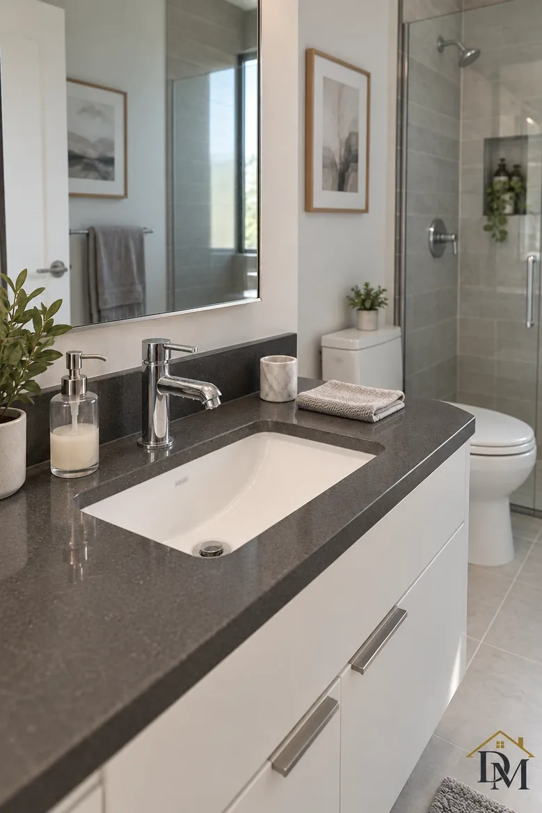 Condo bath after: towel folded, vanity clear, mat squared.