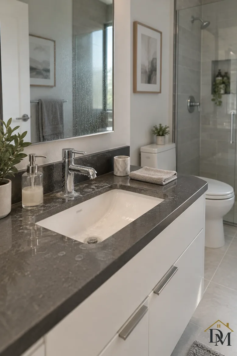 Condo bath before: green towel over the vanity, mat pushed sideways.