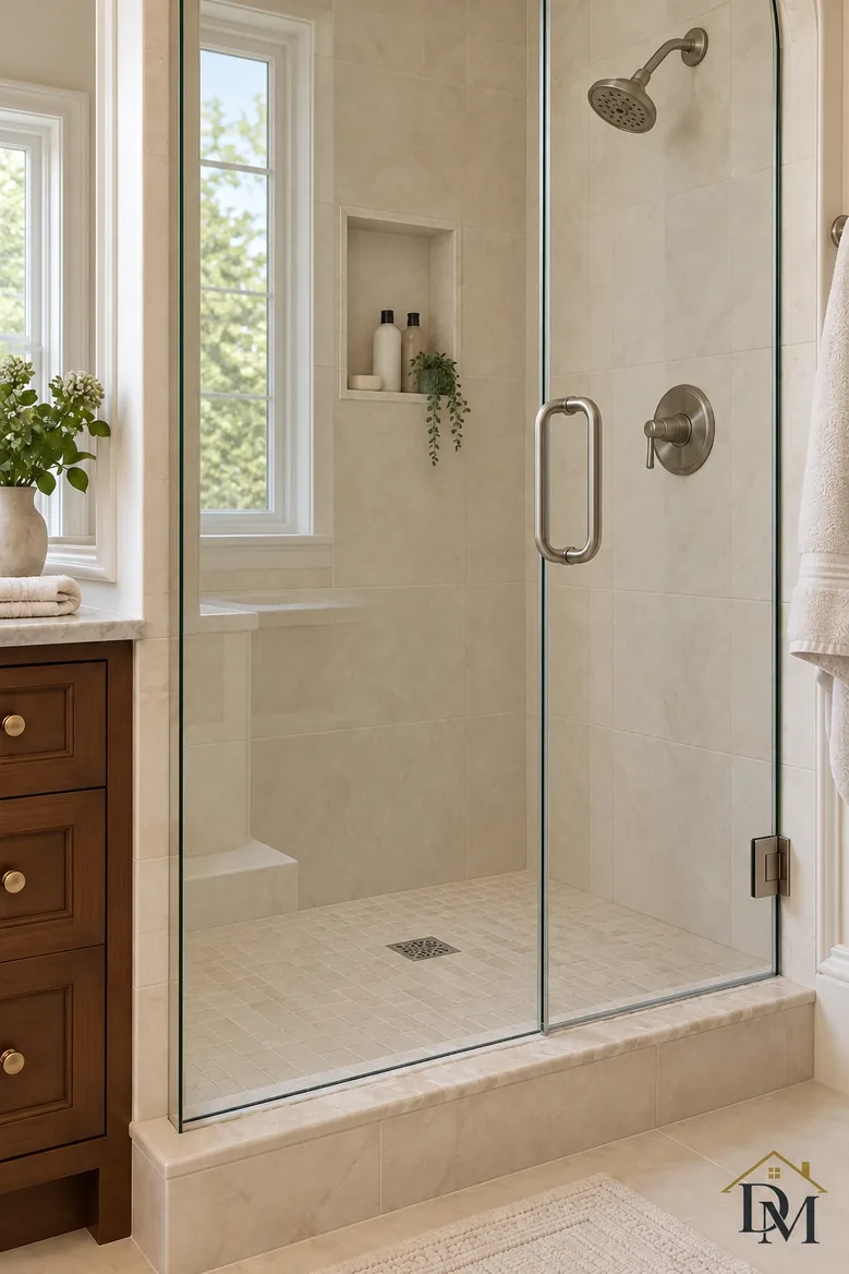Vanity and tile floor clear so soap film can be scrubbed.