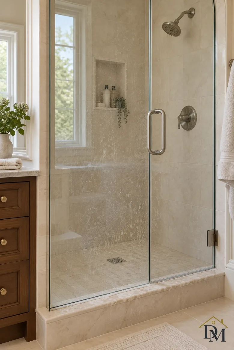 Towel draped on the vanity and the mat out of line.