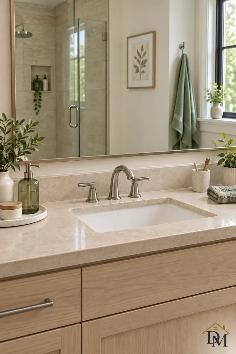 After: the wood-handled vanity wiped with your products, green towel folded.