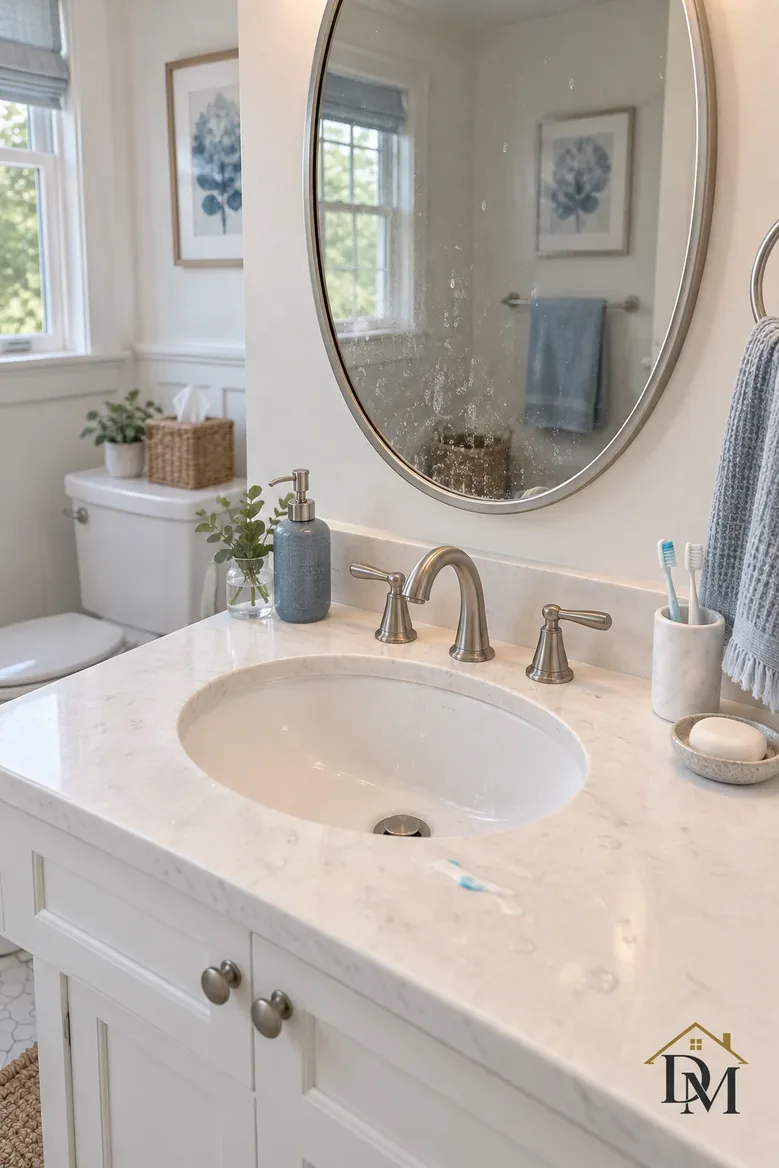 Between visits: towel drops over the vanity and the mat drifts.