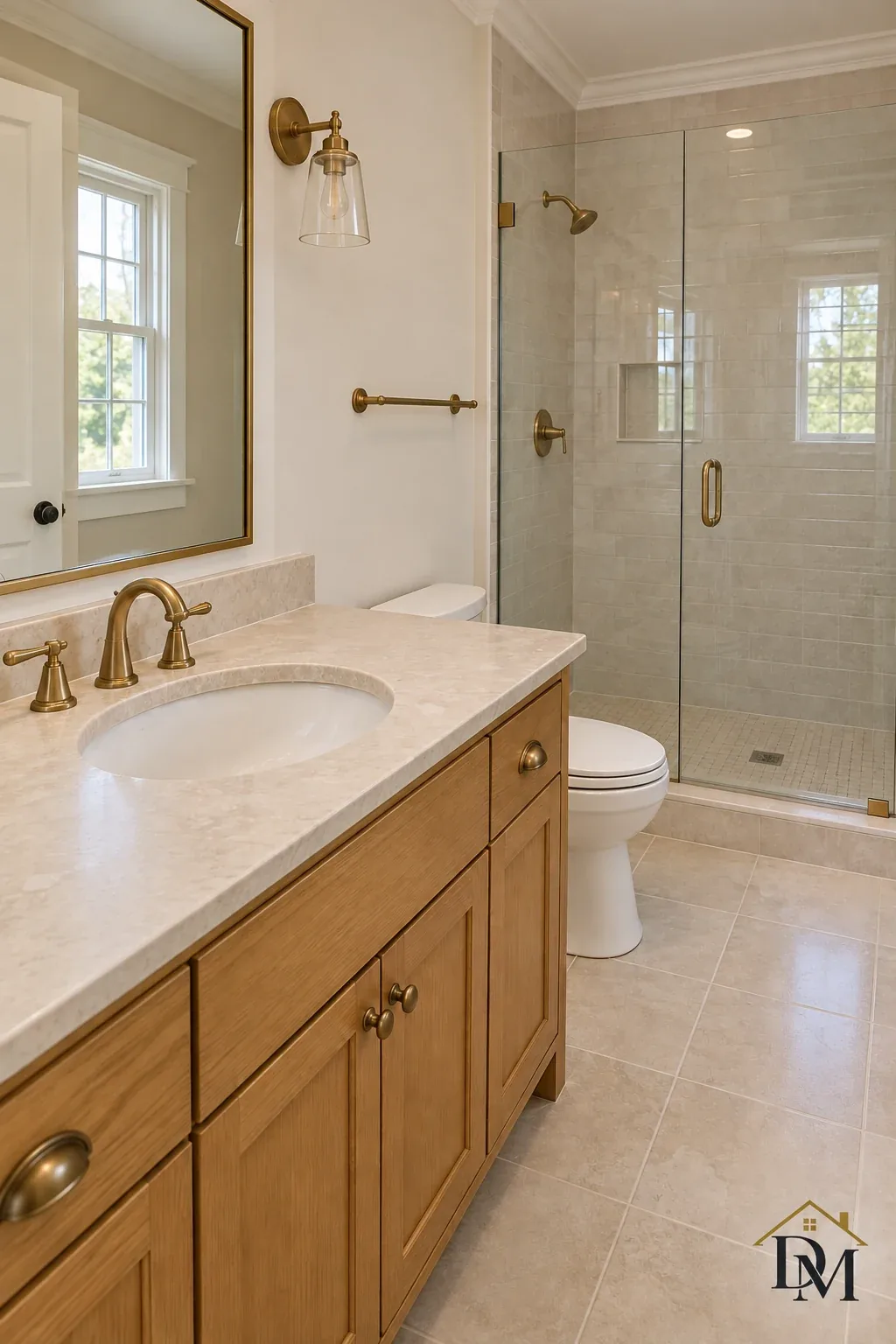 Ready for move-in: the tile floor clear from shower to vanity.