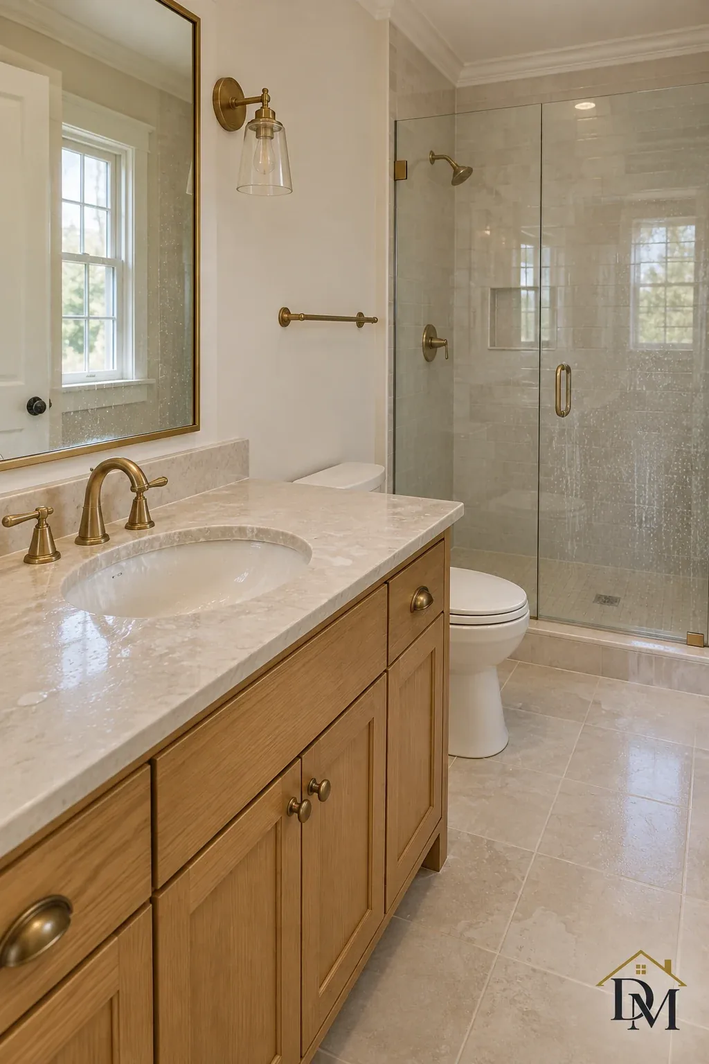 Before move-in: caddy on the tile near the glass shower.