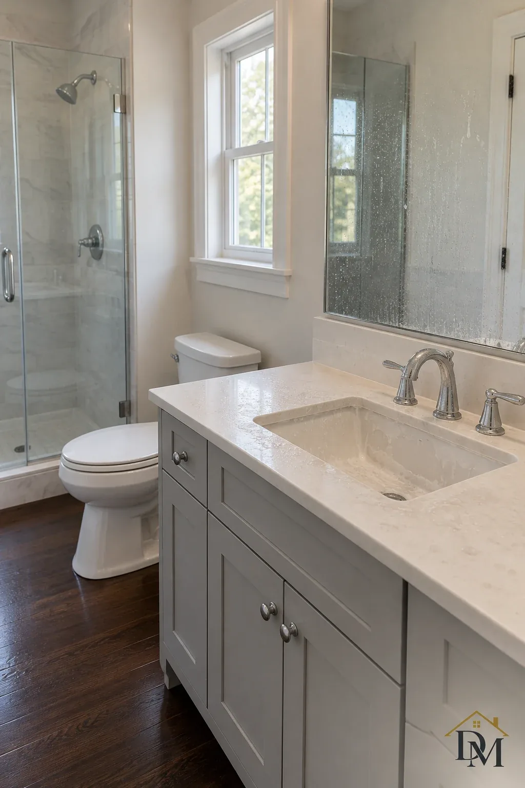 Key return, view A: supplies on the tile beside the glass shower.