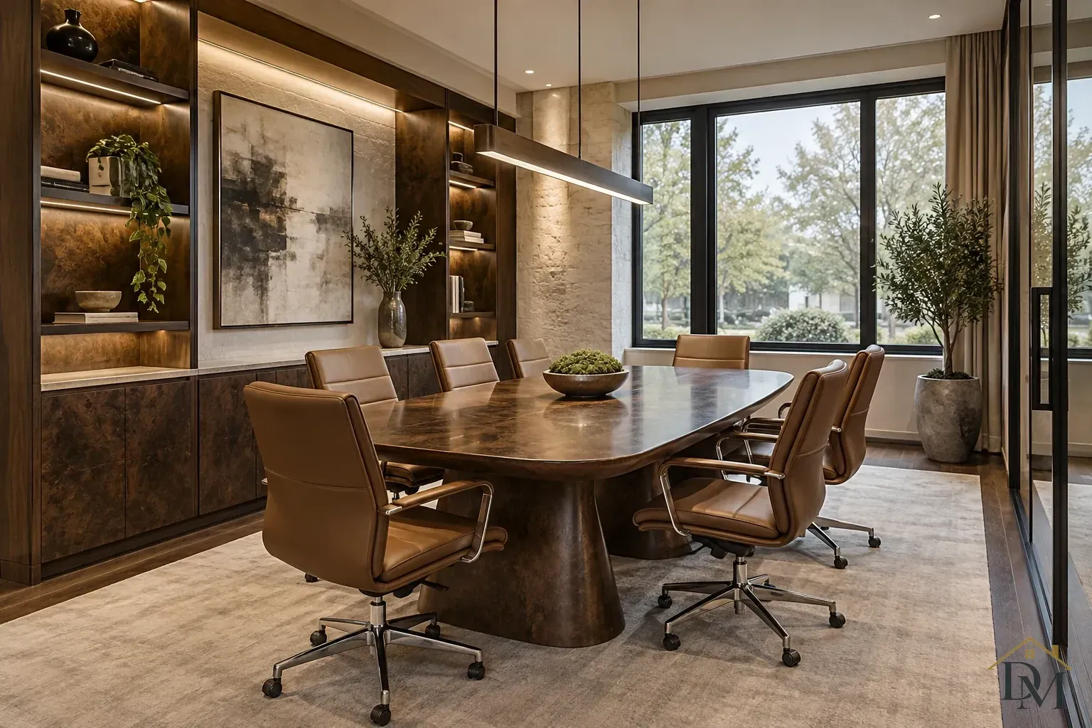 Dark conference table with brown rolling chairs, a long pendant, illuminated shelving and large black-framed windows.