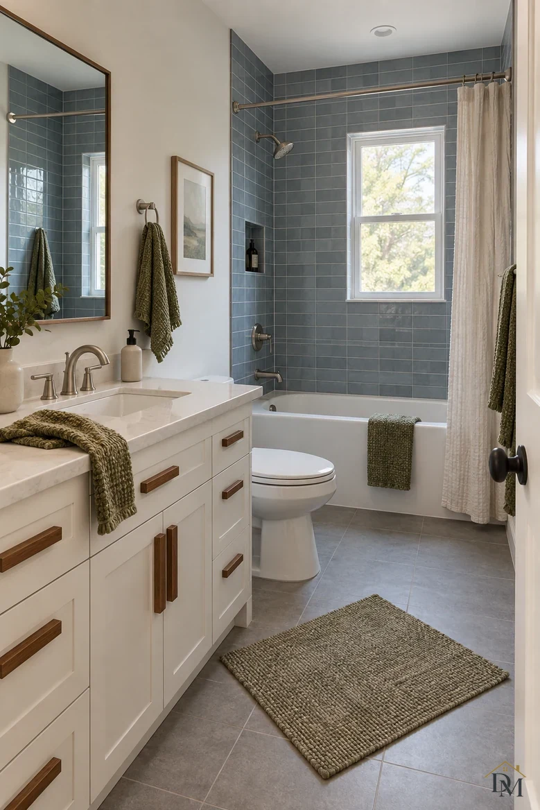 View A: a green towel draped over the vanity edge and the bath mat askew.