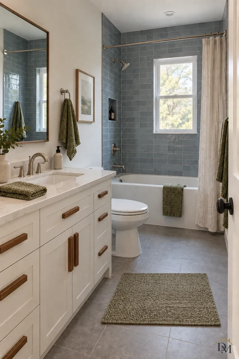 View B: the green towel folded on the counter and the mat set square.
