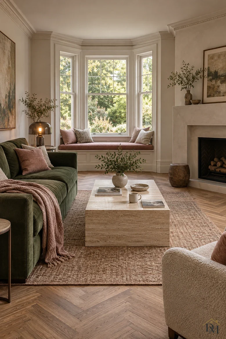 View A: a pink throw across the green velvet sofa, a mug and books on the travertine table.